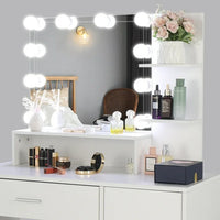 Makeup Vanity Desk with Lighted Mirror and 3 Shelves, White Dressing Table with A Drawer and A Cabniet, Vanity Table with Metal Frame and Particle Board, Modern Vanity Table with Mirror for Bedroom
