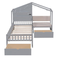 Kids Twin Size House Bed with Upholstered Bench, Wood House Bed with Shelves and Drawers, Playhouse Platform Bed Frame with Charging Station and Sparkling Light for Boys Girls Teens, Gray
