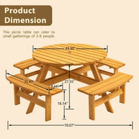 8 Person Wood Picnic Table, Outdoor Round Picnic Table with 4 Built-in Benches, Umbrella Hole, Outside Table and Bench Set for Garden, Backyard, Porch, Patio, 2220lbs Capacity Per Bench- Natural