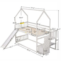 House Bunk Bed with Slide, Twin over Twin Low Bunk Bed Frame with Convertible Storage Staircase and Full-Length Guardrail Wood Stairway Bunk Bed for Kids No Box Spring Needed, Easy Assembly, White