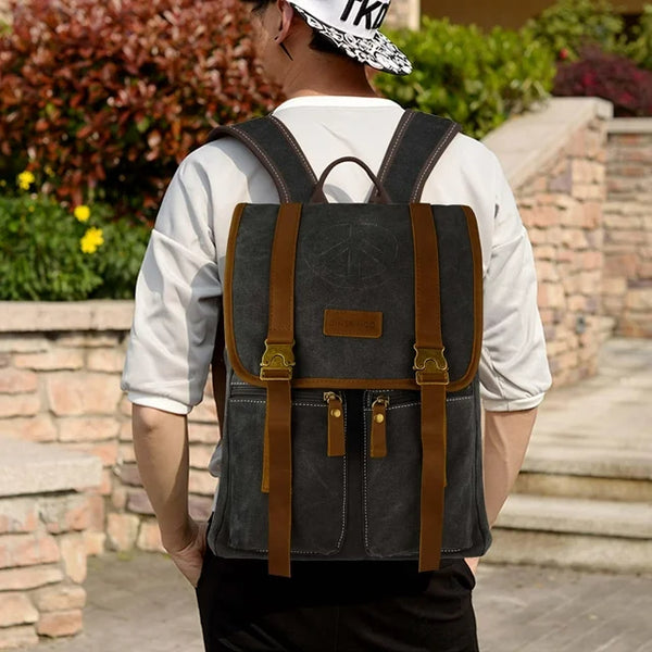 JINS & VICO Canvas Backpack, Vintage Leather School Bag Unisex Casual Rucksack, Hiking Daypacks Laptop Backpacks for Men and Women