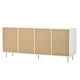 Boho Style TV Stand with Rattan Door for TVs up to 65", Woven Console Table with Adjustable Shelves and 4 Drawers, Storage Cabinet with Gold Metal Legs, Storage Sideboard Cabinet for Living Room,White