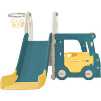 4 In 1 Kids Slide Set, Bus Slide Set with Bus Play Structure for Kids Teens Boys Girls, Freestanding Bus Toy with Slide and Basketball Hoop, Indoor & Outdoor Toys Slide Playset, Easy Setup, Yellow