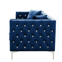 3 Seater Sofa, 82.3" Modern Velvet Tufted Upholstered Accent Sofa with 2 Pillows and Jeweled Buttons Velvet Sofa with Curved Backrest & Square Arm and Metal Legs for Living Room Office, Blue