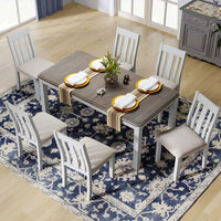 Dining Table Set, Retro Style 7-Piece Dining Room Set with Extendable Table and 6 Upholstered Chairs, Dining Table and Chairs Set, for Kitchen/Restaurant, Brown+White