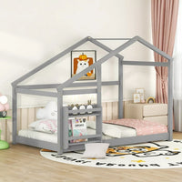 Montessori Bed Twin Size, Wood House Floor Beds with Roof Design, House Bed for Boys & Girls Floor Beds Fun Playhouse, No Box Spring Needed (Twin, Gray)
