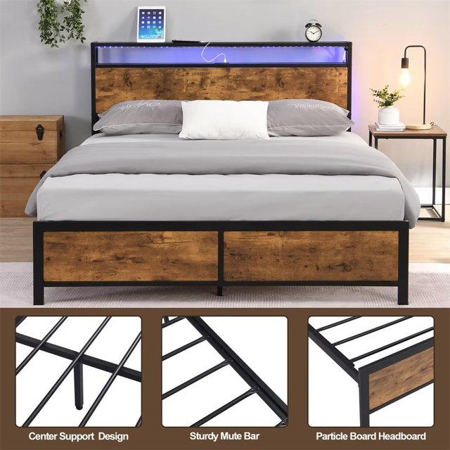 Full Size Bed Frame with LED Lights and 2 USB Ports, Industrial Metal Platform Bed with Wood Storage Headboard and 12