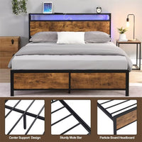 Full Size Bed Frame with LED Lights and 2 USB Ports, Industrial Metal Platform Bed with Wood Storage Headboard and 12" Under Bed Storage, Noise Free, No Box Spring Needed, Rustic Brown