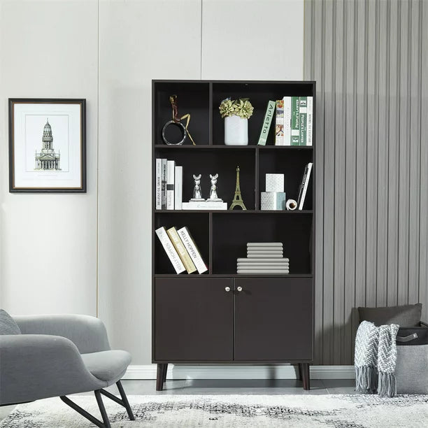 Bookshelf with 2 Open Shelves and 2 Doors, Modern Floor Standing Bookcase with Solid Wood Legs, Wooden Storage Organizer Shelf, Display Shelf for Living Room Bedroom and Study Room, Coffee