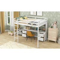 Full Size Loft Bed with Charging Station Multifunctional Loft Bed with Desk, Cabinets, Drawers and Bedside Tray, Solid Wood Loft Bed Frame with Built-in Ladder and Full-Length Guardrails, White