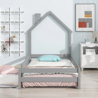 Twin Size Floor Bed, Wooden Montessori Bed Fence Bed with House Shape Headboard, Wood House Bed Platform Bed, for Boys Girls, Low to Ground Height, No Box Spring Needed, Grey