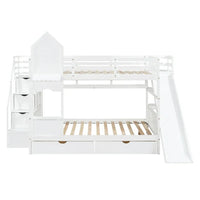 Full Over Full Bunk Bed Castle Style, Wooden Bunk Bed Frame with Stairs, Slide, Storage Drawers and Shelves, Stairway Bunk Beds for Children, Boys, Girls, Adults, White