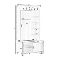 70 Inch Multifunctional Hall Tree with Sliding Doors, Wooden Hallway Shoe Cabinet with Storage Bench and 5 Shelves, Mudroom Coat Storage with 6 Metal Hooks for Entryway, Living Room, Bedroom, White