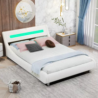 Full Upholstered Led Bed Frame Wave Like Low Profile, Platform Bed Frame with Underneath LED Lights, LED Bed Frame with Storage&headboard Faux Leather,Wooden Slats Support,No Box Spring Needed White