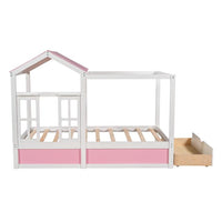 Twin House Bed, Wood Canopy Bed with 1 Storage Drawer, Playhouse Bed with Roof and Window, Montessori Bed Frame for Kids Boys Girls Teens, Pink + White