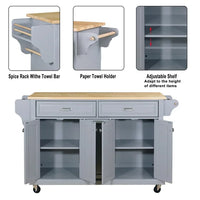 Kitchen Island on Wheels with Storage, Kitchen Island Cart with Spice Rack, Towel Rack and Adjustable Shelves, Mobile Kitchen Cabinet with Natural Wood Tabletop, Gray