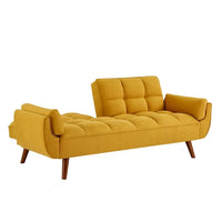 76" Linen Futon Sofa Bed with Adjustable Backrest, Upholstered Loveseat Couch with Solid Wood Legs and 2 Pillows, Convertible Sleeper Sofa for Small Space Living Room Bedroom Office, Yellow