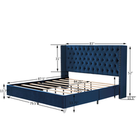 King Size Velvet Upholstered Bed Frame with Two Nightstands, Button Designed Headboard, Strong Wooden Slats, Metal Legs with Electroplate, No Box Spring Needed