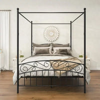 JINS & VICO Platform Bed, Queen Size Metal Canopy Bed Frame with Headboard and Footboard, Bed Frame for Kids Adults Bedroom, Easy Assembly, No Box Spring Needed, Black