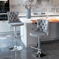 Counter Height Bar Stools Set of 2, Swivel Velvet Barstools Adjusatble Seat Height from 25-33 Inch, Modern Upholstered Bar Stools with High Back and Metal Leg for Home Pub Kitchen Island, Gray+Sliver