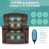 Oversized Recliner Chair for Adults, Large Single Sofa Recliners with Heat and Massage for Elderly Velvet Modern Reclining Sofa Chair with Cup Holders, Remote Control, 90°-150° Adjustable, Brown