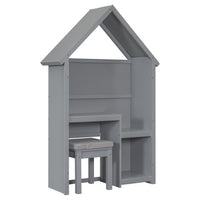House-Shaped Desk with Cushion Stool, Wooden Desk and Chair Set with Roof and a Stepped Desk Surface, Kid's Reading Writing Desk Set for Bedroom Study Room