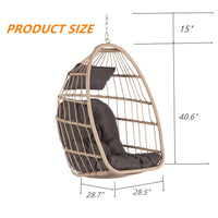 Hanging Egg Chair Indoor Outdoor without Stand, Foldable Wicker Rattan Swing Egg Chairs with Thick Cushion, Hammock Egg Hanging Chair with Aluminum Frame for Bedroom Patio Balcony, Wood+Dark Gray