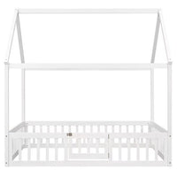 Full Size Floor Bed, Wood House Bed with Safety Fence and Door, Montessori Floor Bed with Roof, Floor Bed Frame for Children Boys and Girls, White
