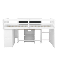 Low Loft Bed with Slide and Removable Desk, Twin Size Loft Bed Frame with Blackboard, Cabinets and Chair, Wooden Twin Kids Bed Frame for Boys Girls, No Box Spring Needed (White)