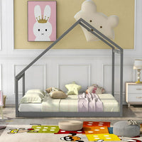 Full Size House Bed for Kids, Wooden Platform Bed Frame with Sturdy Slats Support Playhouse Floor Bed Montessori Bed Frame Canopy Bed for Bedroom, 78.7"L x 56.1"W x73"H, Gray