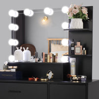 Black Bedroom Makeup Vanity Set, Vanity Desk with Light, Mirror and Cushioned Stool, Modern Makeup Dressing Table for Girls, Wife, Daughter, Mother, Adjustable Light Brightness