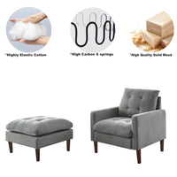 Accent Chair with Ottoman, Modern Tufted Upholstered Single Sofa Chair with Footrest and Solid Wood Legs, Comfy Armchair Leisure Lounge Chair with Removable Backrest for Living Room Bedroom, Grey