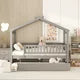 Full Size House Bed with Trundle, Wood Full Bed Frame with Roof and Fence-Shaped Guardrail, Montessori Bed for Teens, Boys or Girls, Grey