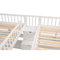 Twin & Twin Size Loft Bed with 2 Built-in Desks and Storage Shelves, Double Shared Two Twin Loft Bed with Storage Staircase, Solid Wood Loft Bed Frame with Safety Guardrail for Kids Teens, White