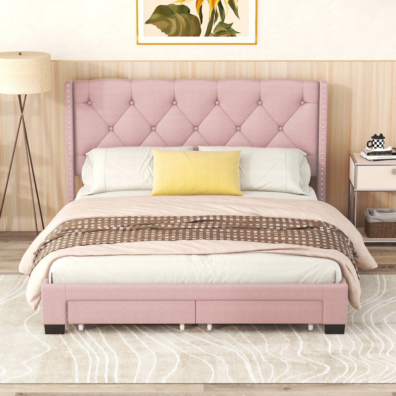 Queen Size Storage Bed, Linen Upholstered Platform Queen Bed Frame with Button Riveted Headboard and 2 Drawers, Queen Platform Bed No Box Spring Required, Pink