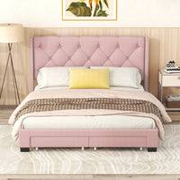 Queen Size Storage Bed, Linen Upholstered Platform Queen Bed Frame with Button Riveted Headboard and 2 Drawers, Queen Platform Bed No Box Spring Required, Pink