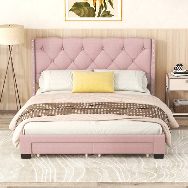 Queen Size Storage Bed, Linen Upholstered Platform Queen Bed Frame with Button Riveted Headboard and 2 Drawers, Queen Platform Bed No Box Spring Required, Pink