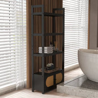 4 Tiers Bookshelf, Woven Cane Bookcase with Cabinet Office Wood Bookshelf Freestanding Open Display Shelf with 2 Doors Storage Cabinet Home Storage Rack for Living Room