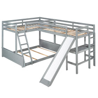 Triple Beds with Desk and Slide, Twin over Full L-shaped Bunk Bed and Loft Bed, Wood Bed Frame with Full-Length Guardrail and 2 Ladders, Gray