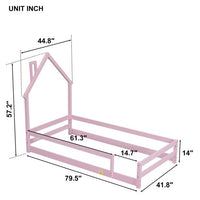 Twin Size Floor Bed Wooden Montessori Floor Bed with House-Shaped Headboard and Fence Guardrails Twin Bed Frame for Girls and Boys, No Weight Limit, Pink