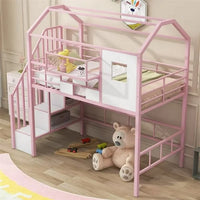 Full Size Loft Bed with Storage Stairs, Metal Loft Bed with A Storage Box and Safety Guardrail, House Bed with Roof Design for Kids Teens Adults Bedroom, No Box Spring Needed, Pink