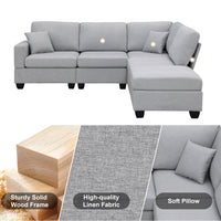 L-Shape Large Sectional Sofa Set, 89.8*60.2" 5-Seat Modular Couch Set with Convertible Ottoman, Linen Fabric Corner Couch Set with 2 Pillows, for Living Room Apartment Office, Gray