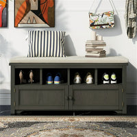 Storage Bench, Rustic Style 2-Door Storage Bench with 4 Small Storage Spaces and Linen Upholstered Top Cushion, Wood Storage Bench for Entryway, Foyer or a Mudroom, Dark Gray & Beige