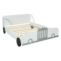 Kids Bed Frame Full Size, Car Bed for Boys Girls with Decorative Wheels and Guardrail, Wooden Platform Bed Frame, 400LBS Weight Capacity, White