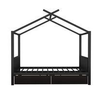 Full Size Metal House Platform Bed with Two Drawers, Low Platform Bed Frame with Headboard and Footboard, Roof Design House Bed for Kids, Teens and Adults, Sturdy Metal Slats Support, Black