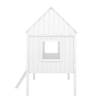 Twin House Loft Bed with Roof for Kids, Low Wooden Bed Frame with Ladder and Fence Guardrails, Montessori Bed with Two Side Windows for Boys Girls Bedroom, No Box Spring Needed, White