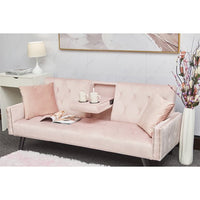 Convertible Sofa Bed, Velvet Loveseat Couch with Pillow and 2 Folding Cup Holders, Upholstered Accent Sofa with Adjustable Back and Nailhead Trim for Living Room Bedroom Office, Pink