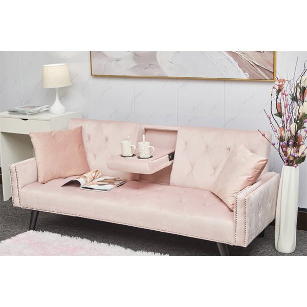 Convertible Sofa Bed, Velvet Loveseat Couch with Pillow and 2 Folding Cup Holders, Upholstered Accent Sofa with Adjustable Back and Nailhead Trim for Living Room Bedroom Office, Pink