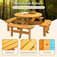 8 Person Wood Picnic Table, Outdoor Round Picnic Table with 4 Built-in Benches, Umbrella Hole, Outside Table and Bench Set for Garden, Backyard, Porch, Patio, 2220lbs Capacity Per Bench- Natural