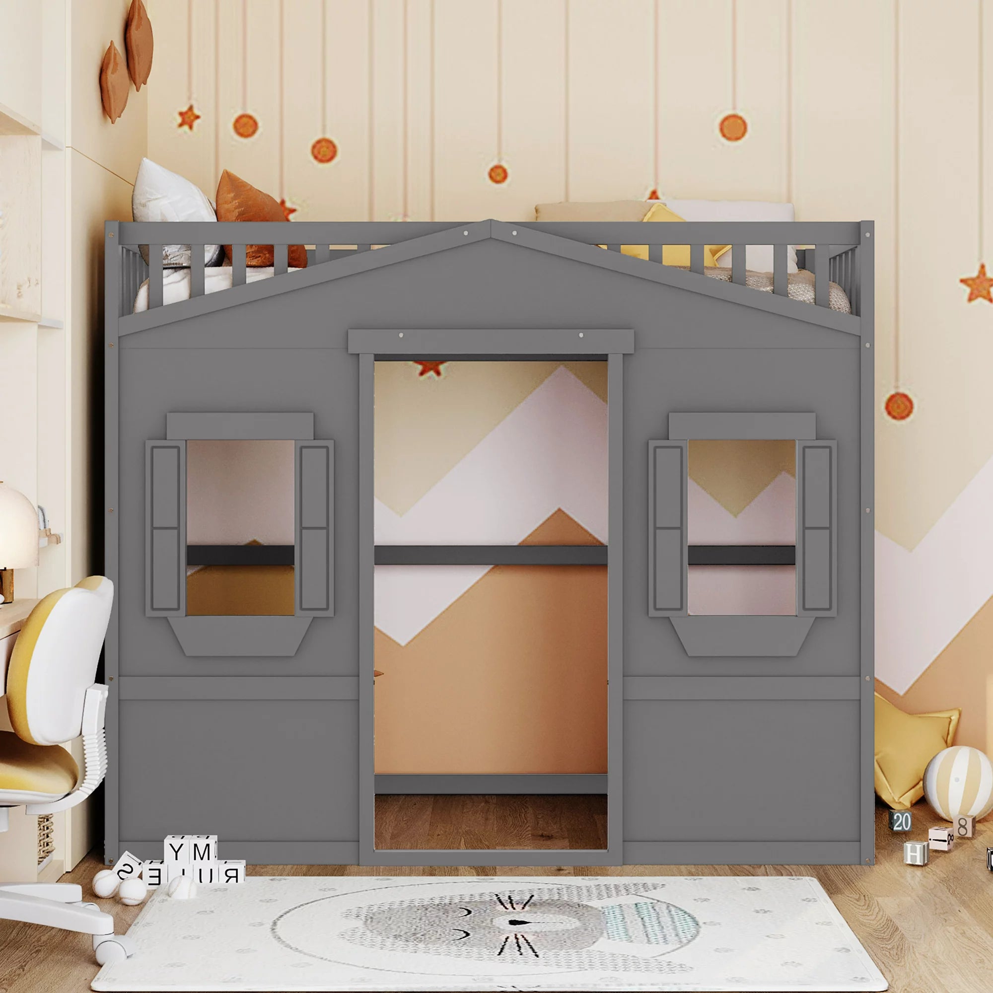 Twin Size Loft Bed with Windows and Door, Solid Wood Loft Bed Frame with Ladder and Safety Guardrails House Loft Bed for Kids Boys Girls, No Box Spring Needed, Gray